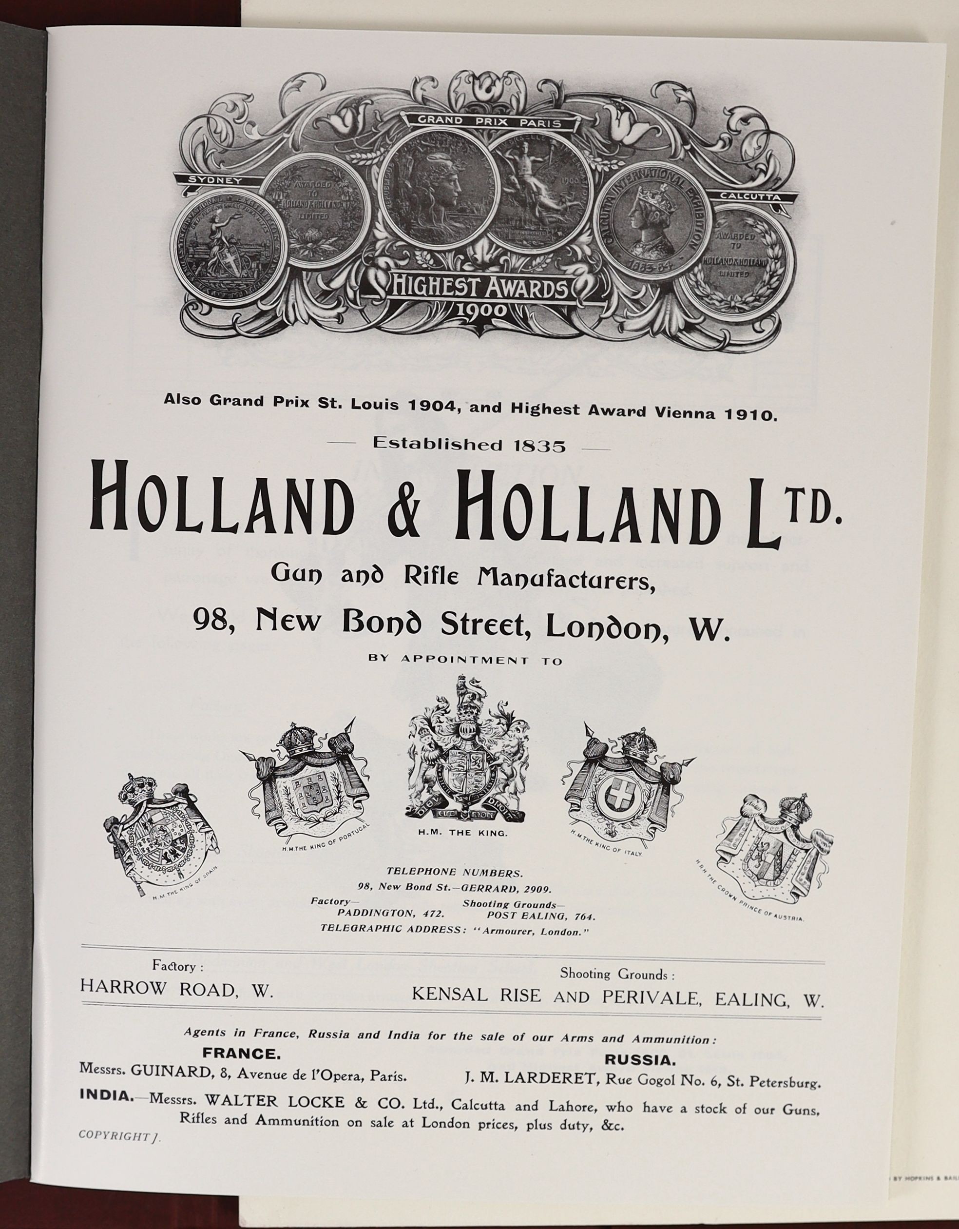 [Keates, Carey. ]The Holland & Holland Collection with a Brief History of the Company and Notes on Related Subjects 1976. Privately printed by Holland & Holland, London, 1976. Bound in full red morocco with inner dentell